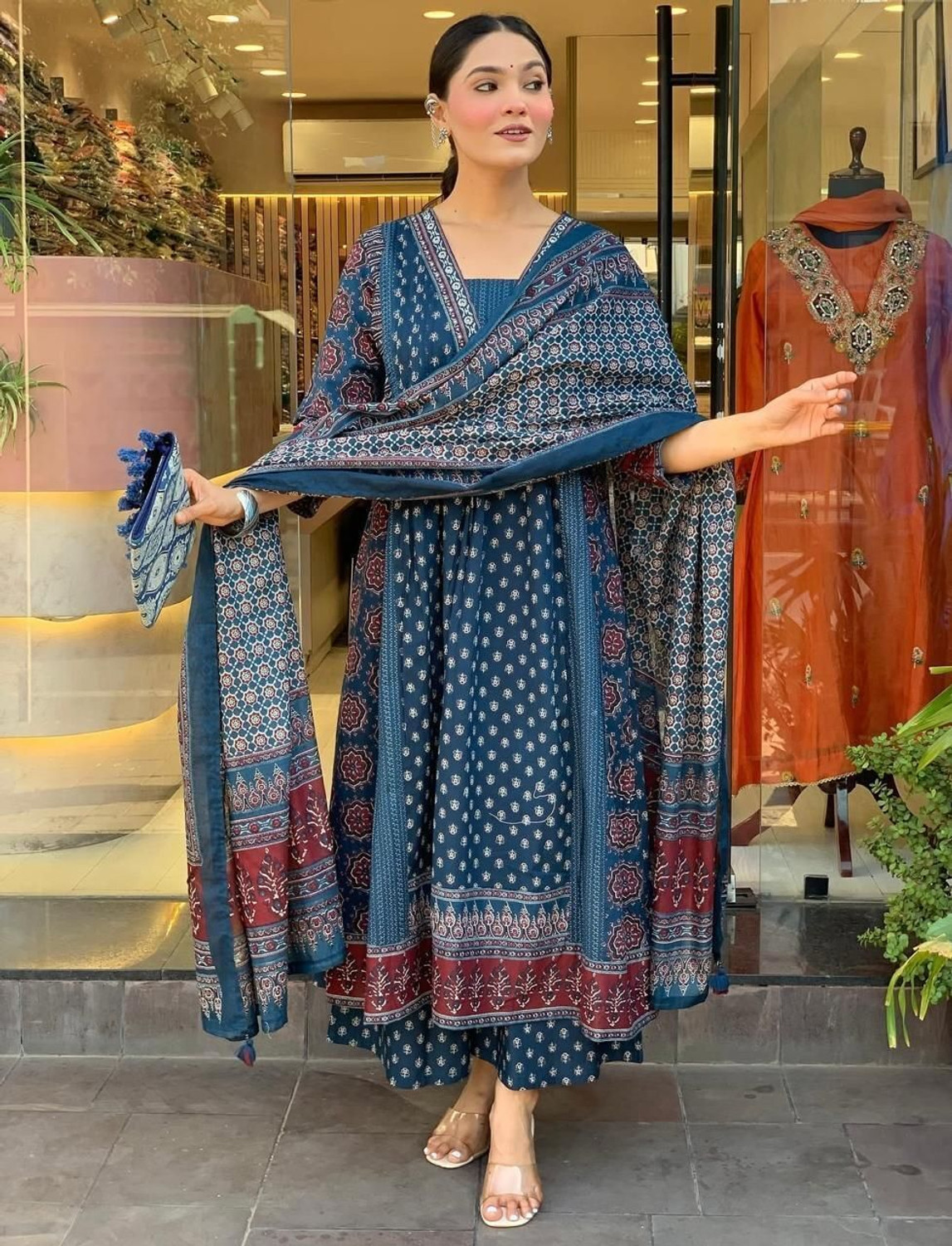 Image of Apparelia Printed Anarkali Kurta, Bottom & Dupatta Set