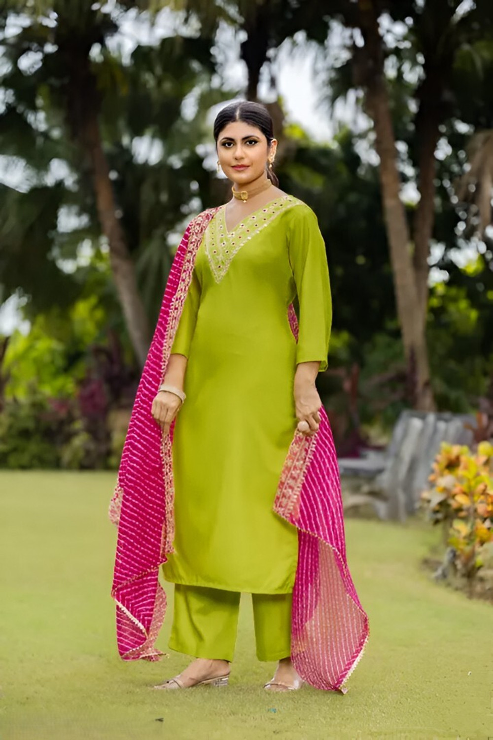 Image of DHARM CREATION Embroidered Kurta, Trouser /Pant & Dupatta Set