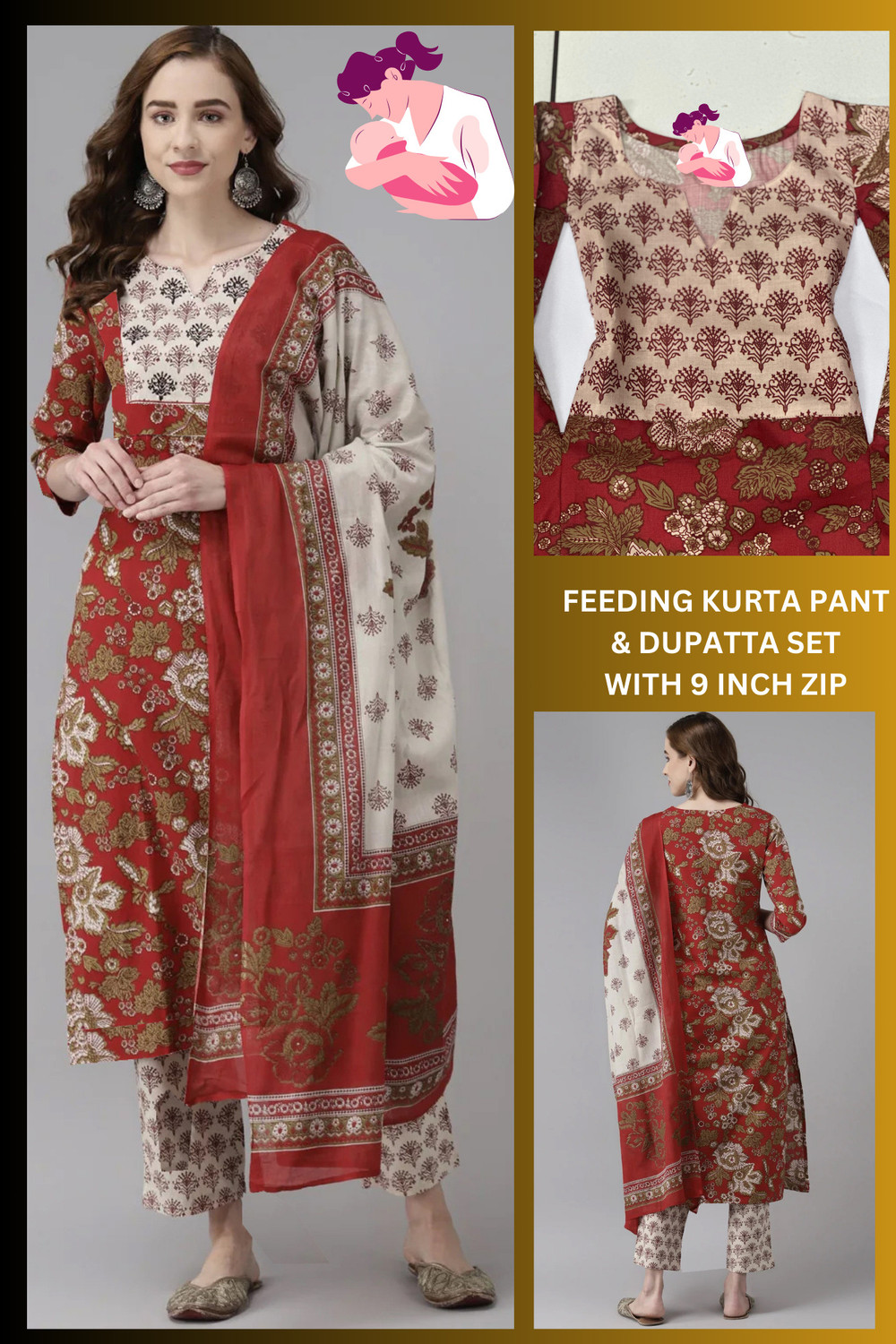 Image of sky fab Printed Kurta, Trouser /Pant & Dupatta Set