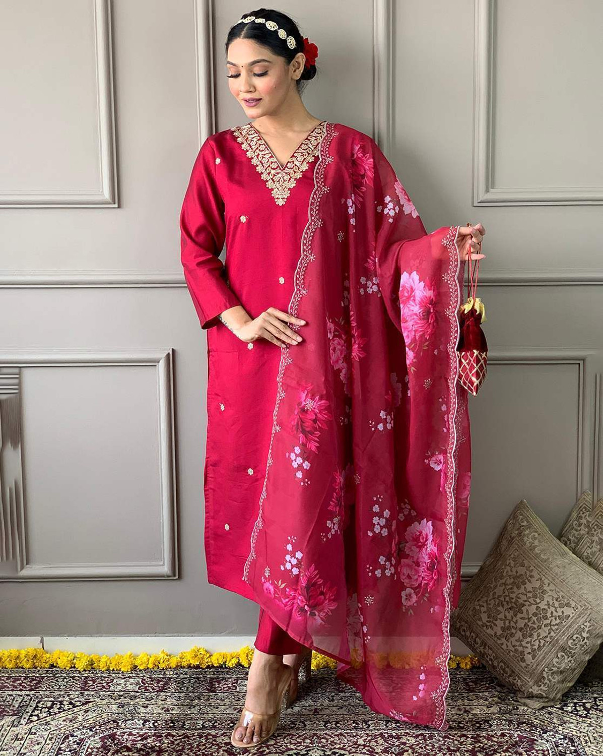 Image of C4A Embroidered Kurta, Trouser /Pant & Dupatta Set