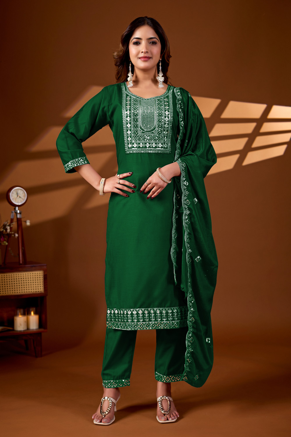 Image of DHARM CREATIONS Embroidered Kurta, Trouser /Pant & Dupatta Set