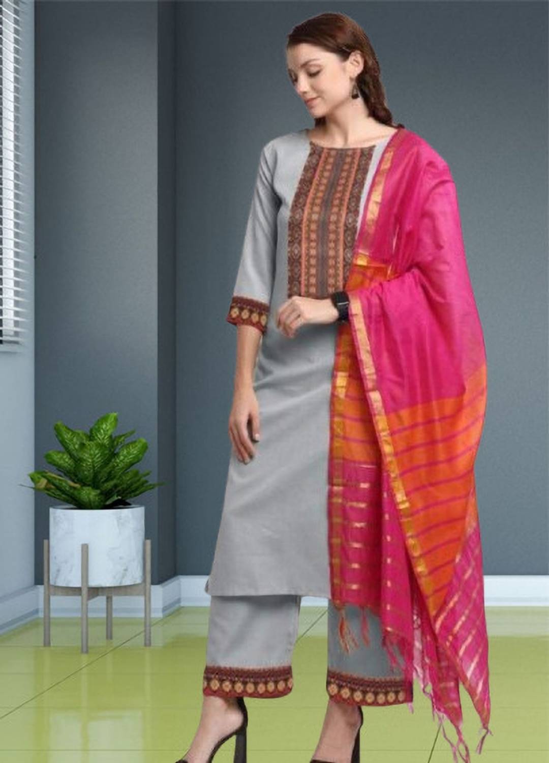 AnAdhTex Embellished Kurta, Palazzo & Dupatta Set