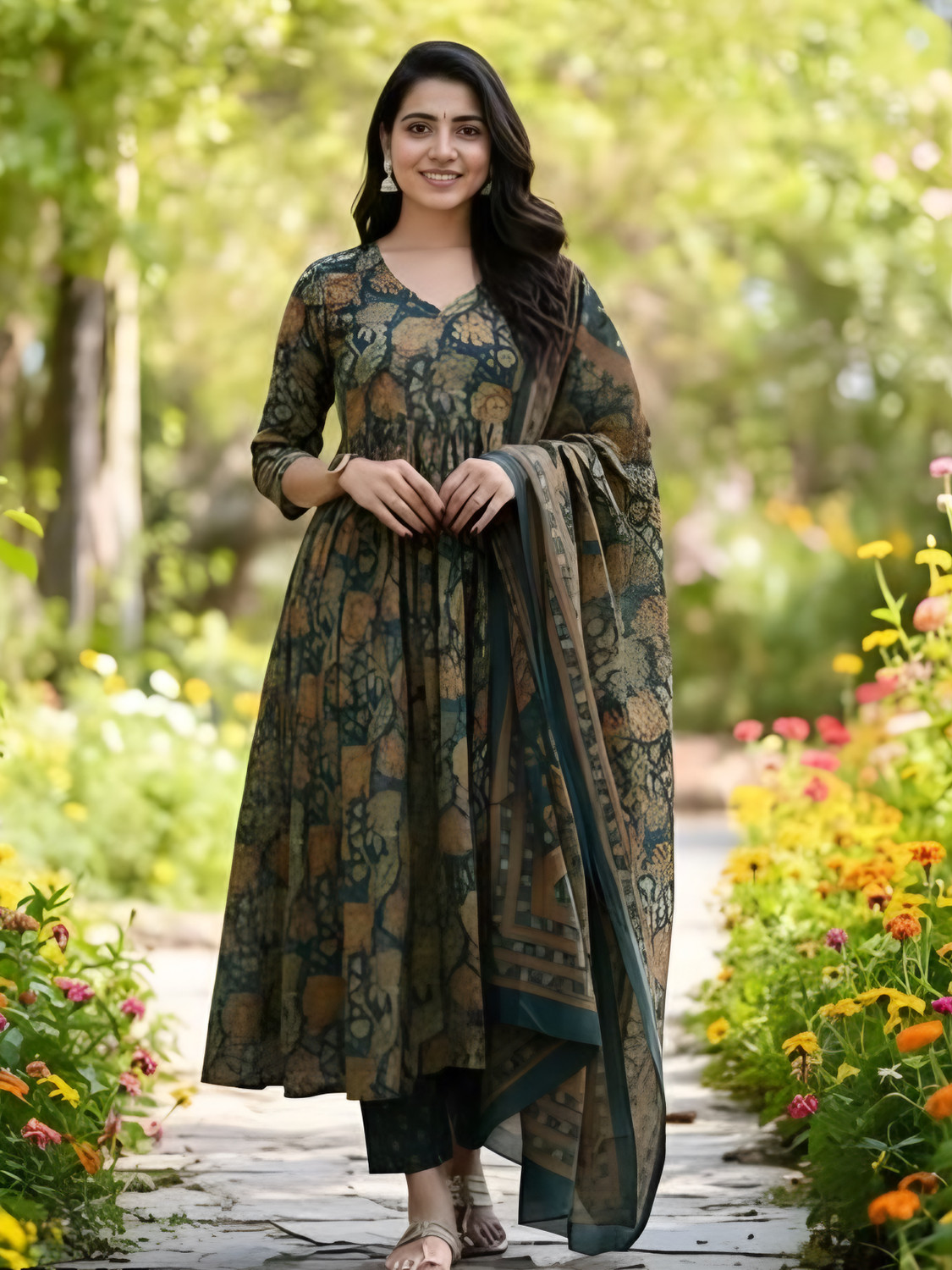 Image of Oumad Printed Kurta, Trouser /Pant & Dupatta Set