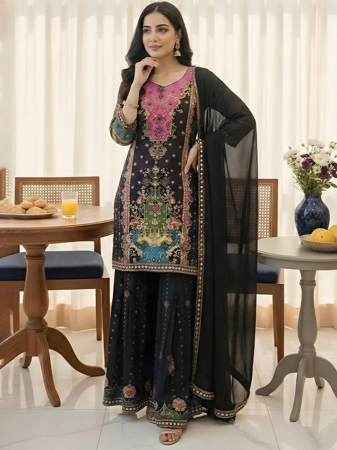 Image of dhvijadressmaker Embroidered Kurta, Sharara & Dupatta Set