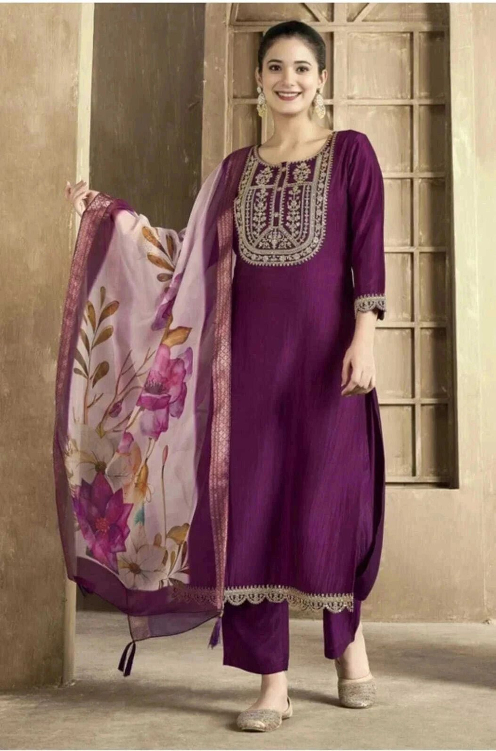 Image of HKBD Fab Embroidered Kurta, Trouser /Pant & Dupatta Set