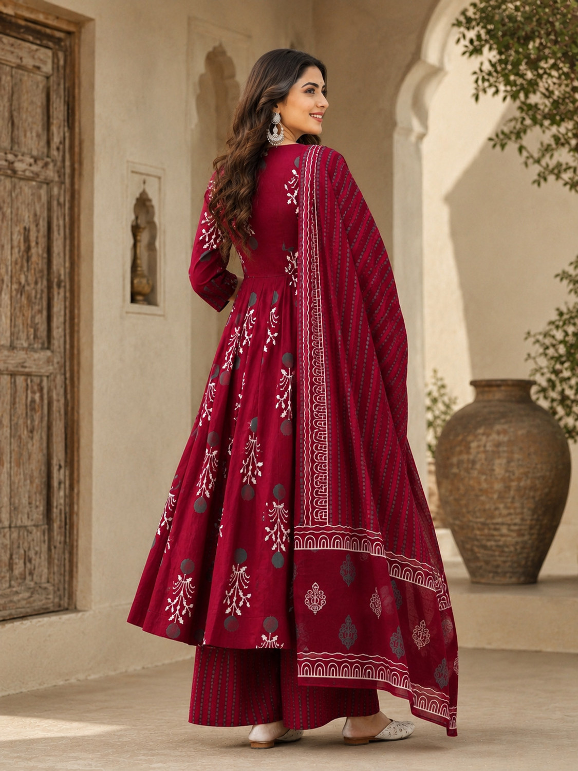 Image of NabubaFashion Printed Anarkali Kurta, Bottom & Dupatta Set