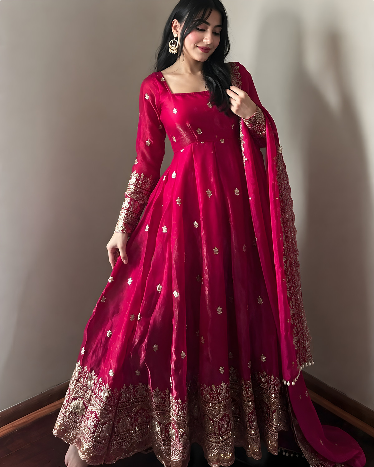Image of NITIGLOW Embroidered Anarkali Kurta, Bottom & Dupatta Set