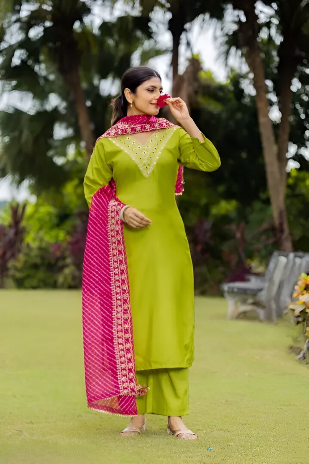 Image of DHARM CREATION Embroidered Kurta, Trouser /Pant & Dupatta Set