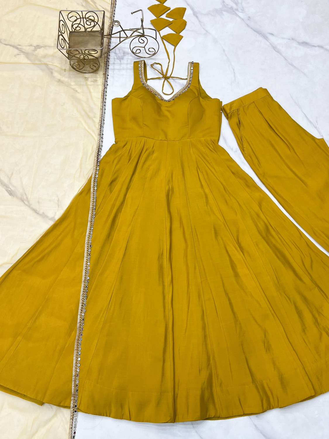 Image of CULTISE WORLD Solid, Embellished Anarkali Kurta, Bottom & Dupatta Set