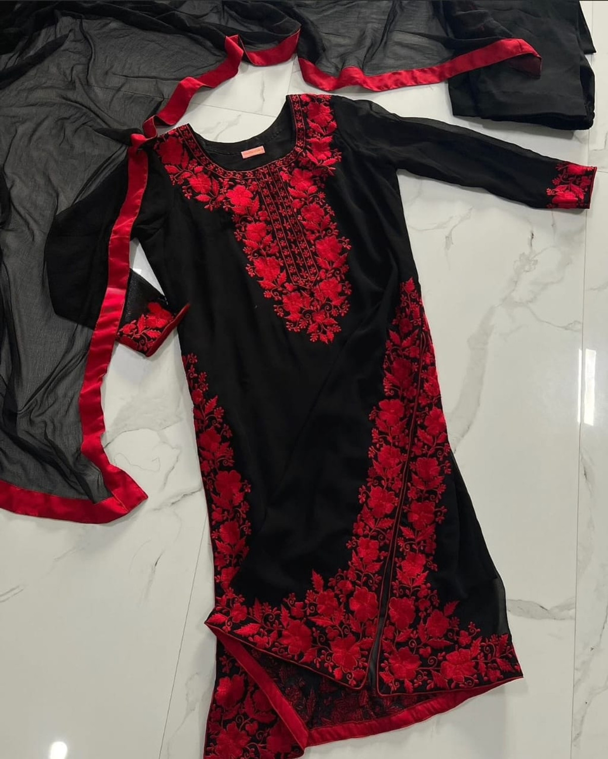 Image of SHIVU Embroidered Kurta, Palazzo & Dupatta Set