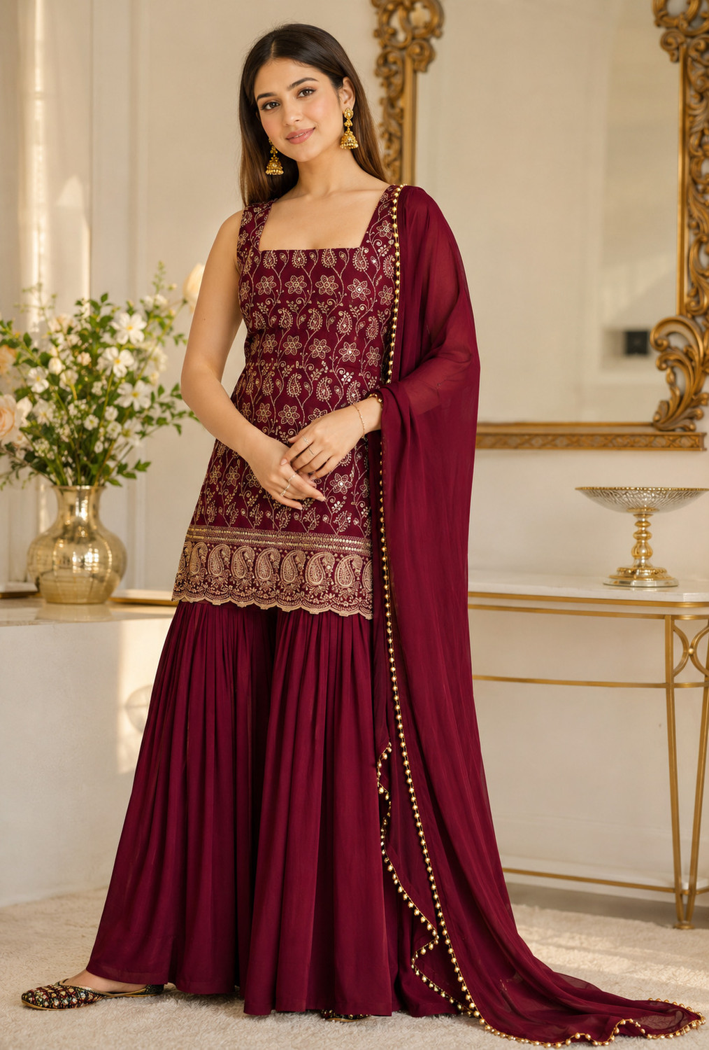 Image of Khodiyar Elegant Heavy Sequence Embroidered Sharara Set Embellished Kurta, Sharara & Dupatta Set