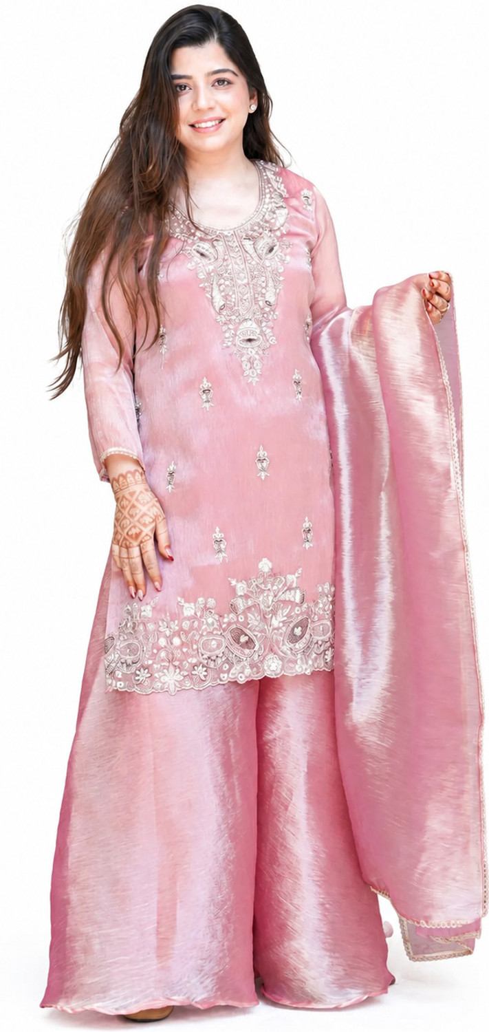 Image of ZONFAB Embroidered Kurta, Sharara & Dupatta Set