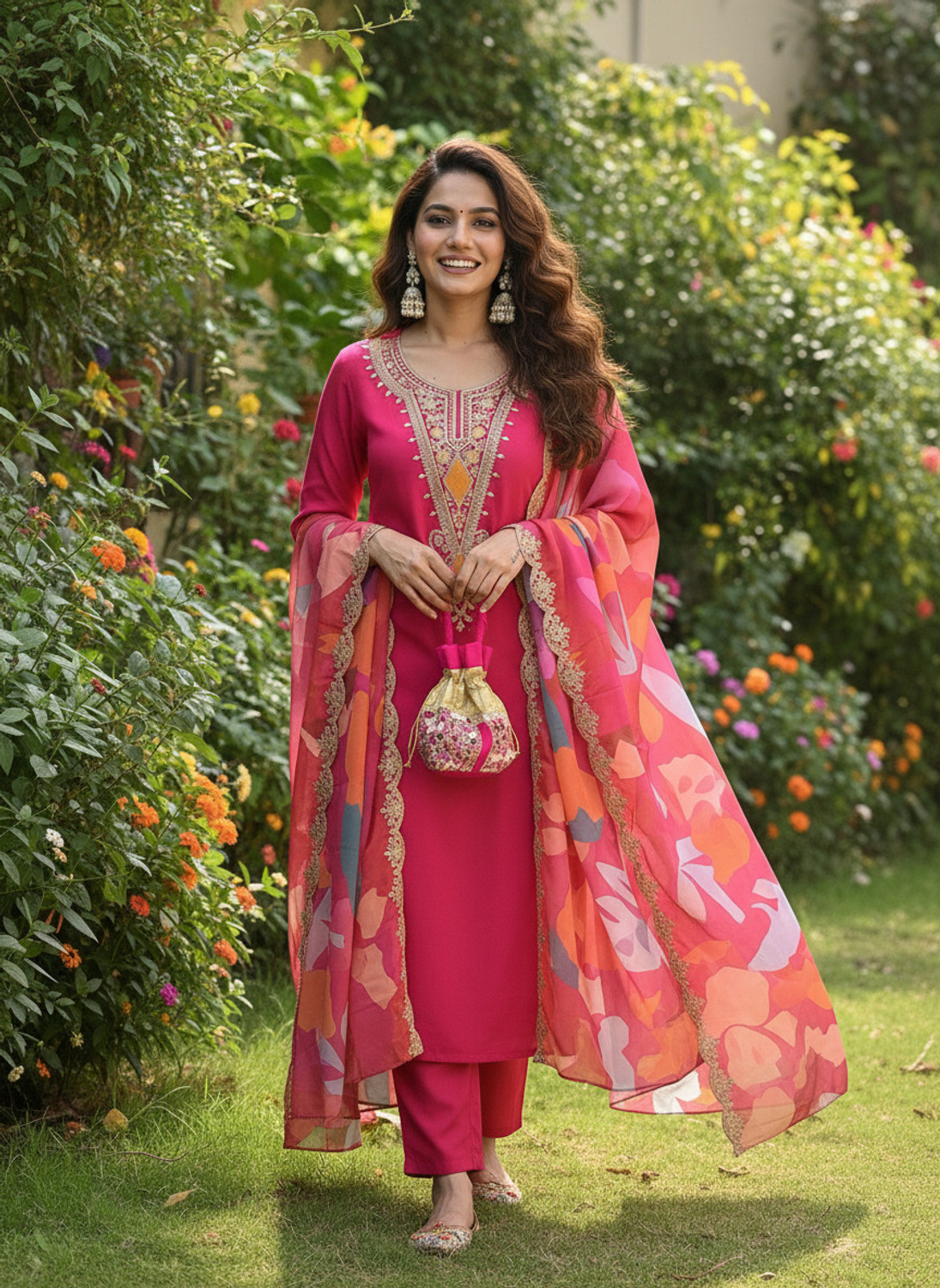Image of ORRIYA Embroidered Kurta, Trouser /Pant & Dupatta Set