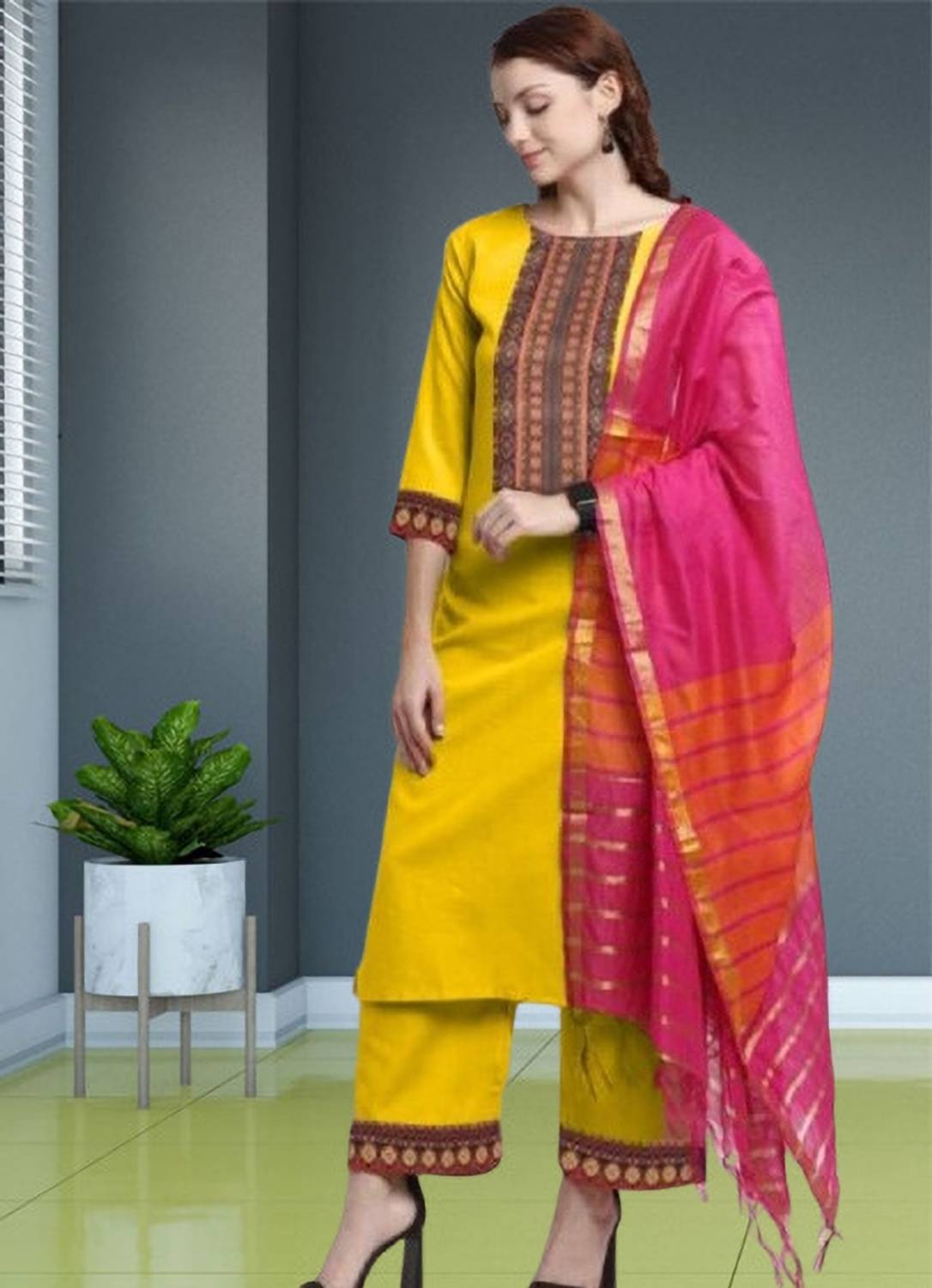 AnAdhTex Embellished Kurta, Palazzo & Dupatta Set