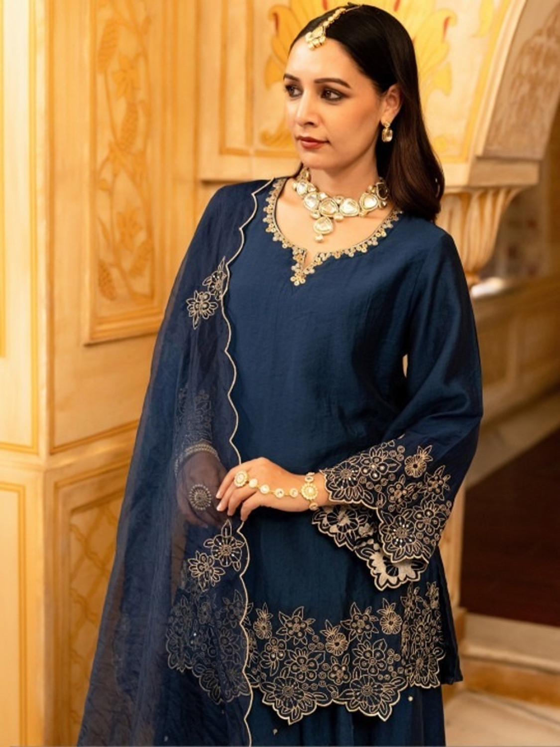 anvilam Embroidered Kurta, Palazzo & Dupatta Set