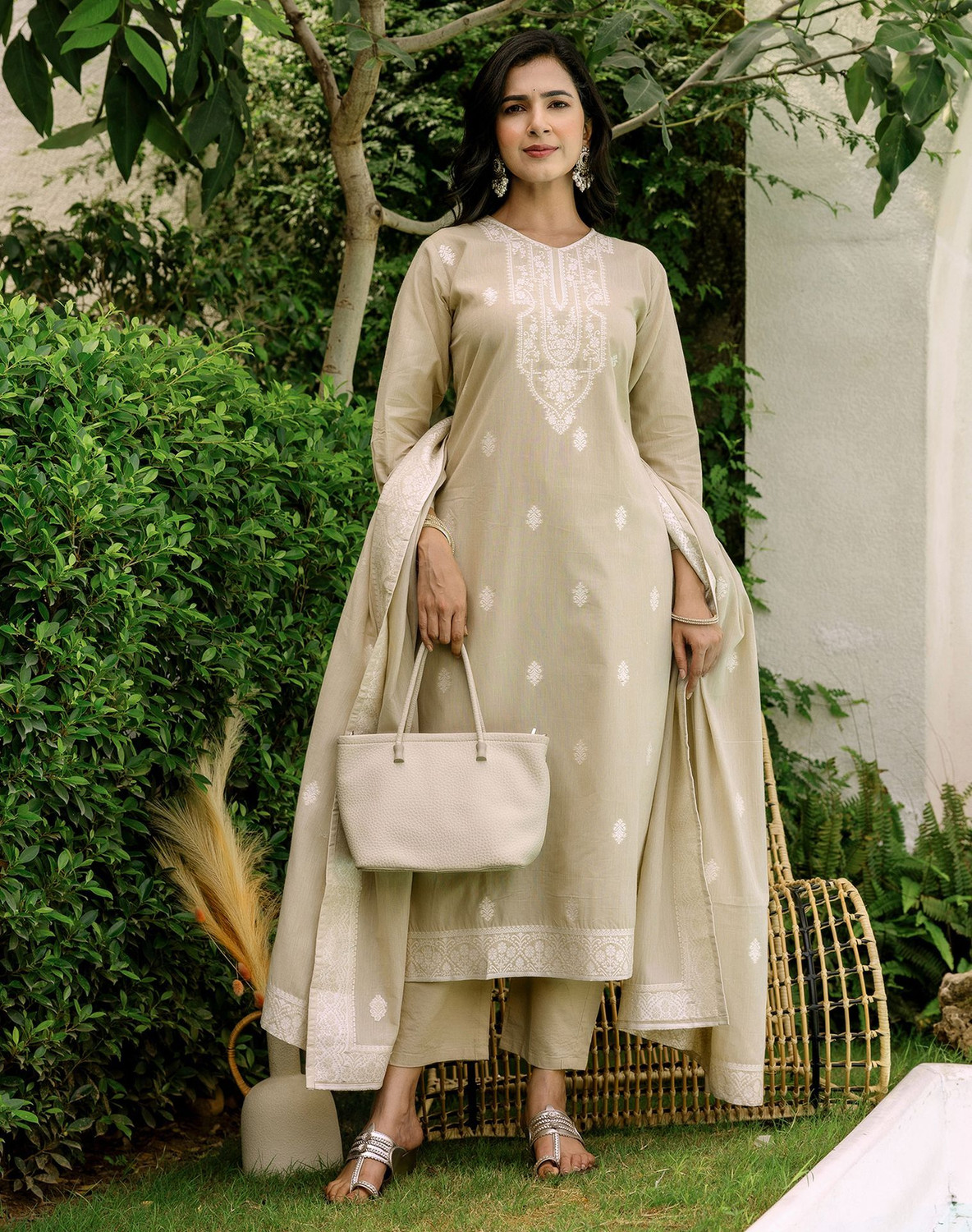 Image of Tasrika Embellished, Woven Kurta, Trouser /Pant & Dupatta Set