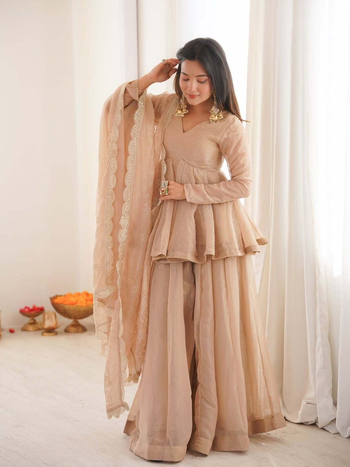 Image of CORNECORCREATION Embellished Kurta, Sharara & Dupatta Set