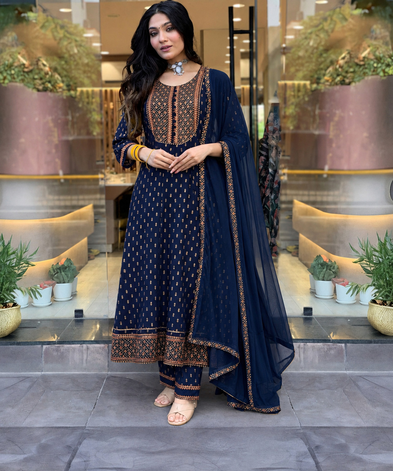 Image of Queens Fab Printed, Embroidered Anarkali Kurta, Bottom & Dupatta Set