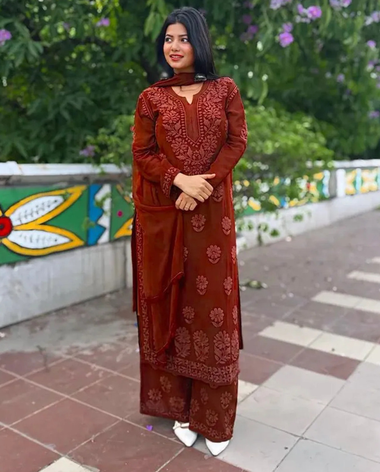 Image of Shanaya Embroidered Kurta, Palazzo & Dupatta Set