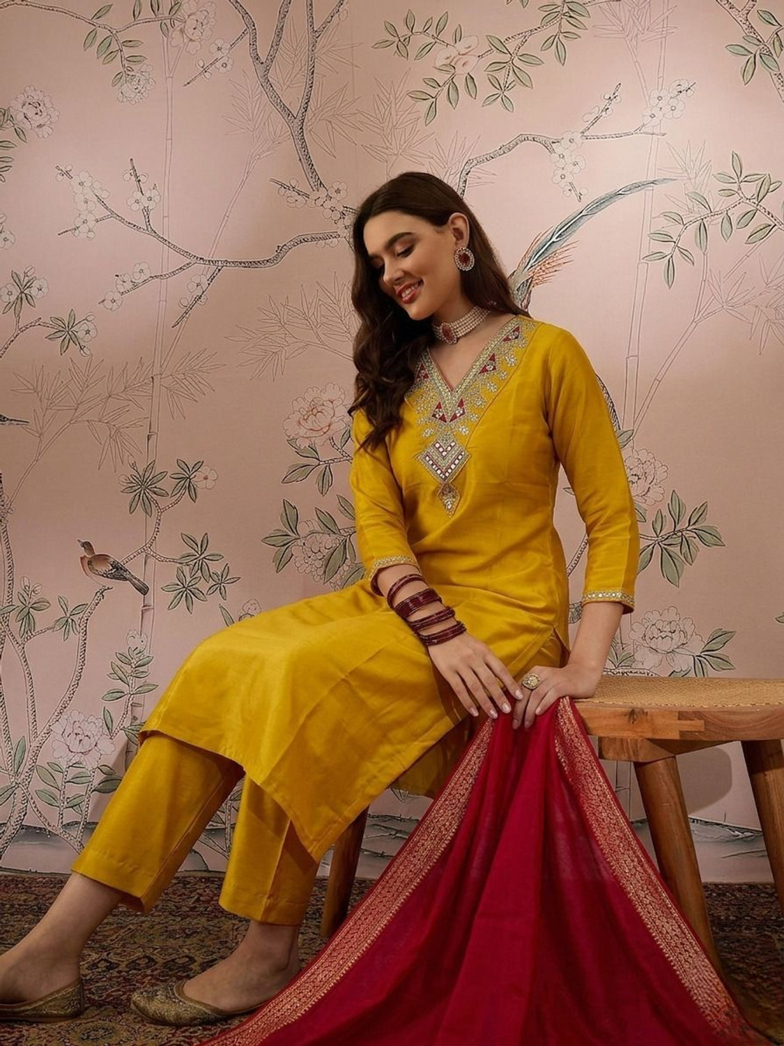 Image of TheMutedThreads Sunshine Yellow Embroidered Kurta Pant Set Pink Dupatta for Women Embroidered Kurta, Trouser /Pant & Dupatta Set