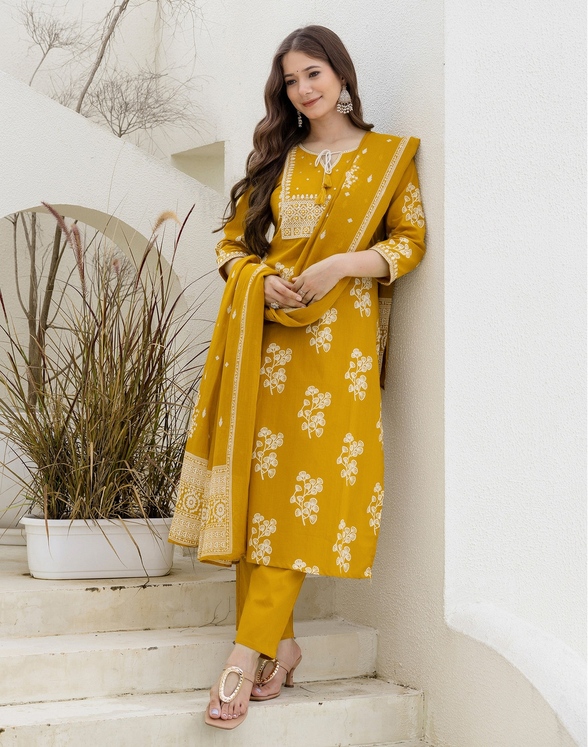 Image of Skylee Embroidered, Embellished Kurta, Trouser /Pant & Dupatta Set