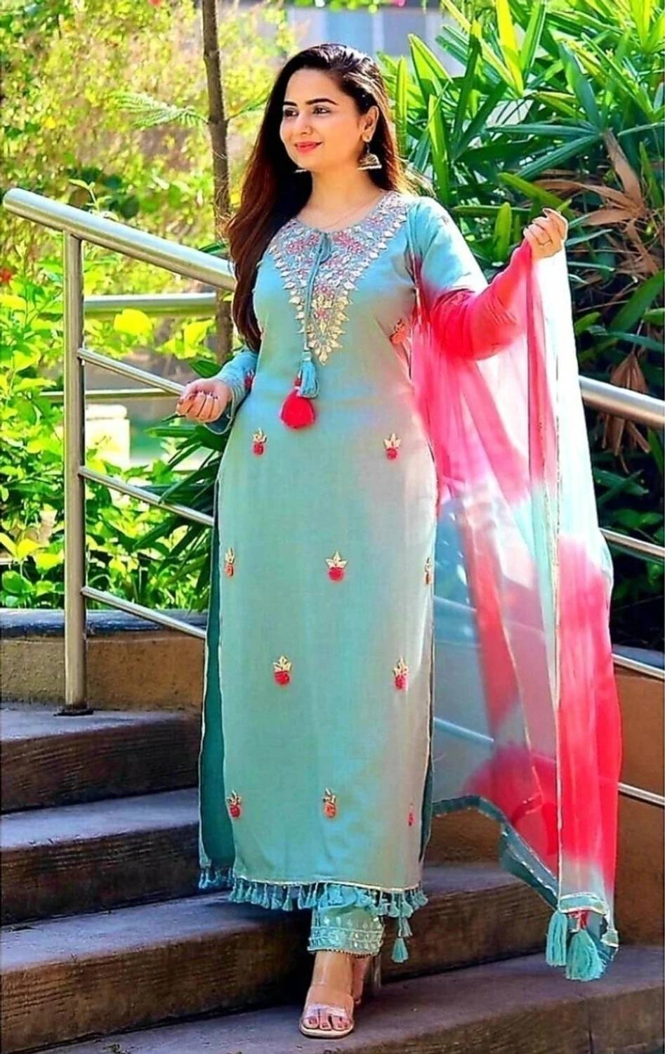Ajantatextile Embroidered Kurta, Trouser/Pant & Dupatta Set