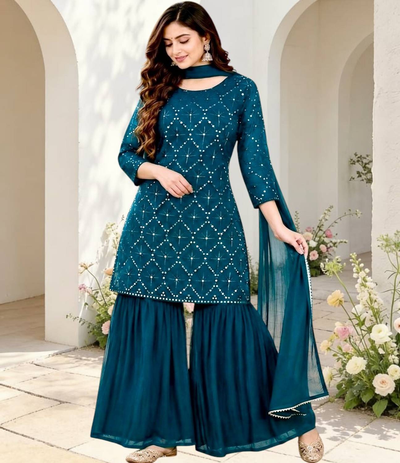 TUHIRAAJ Embroidered Kurta, Sharara & Dupatta Set