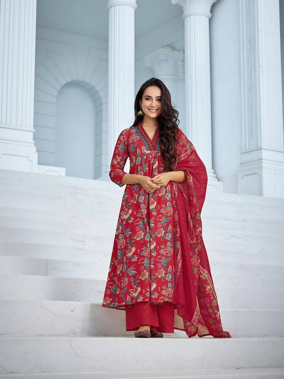 ANSAYA Printed Anarkali Kurta, Bottom & Dupatta Set
