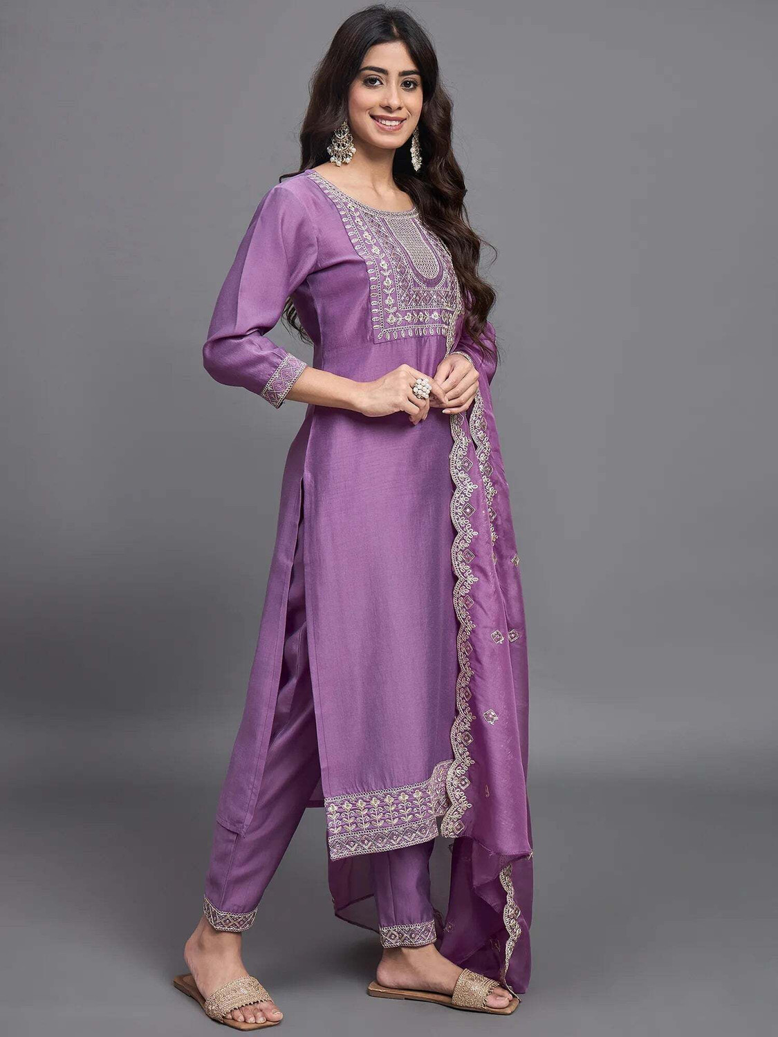 Image of Shree Ramkrishna Fab Embroidered Kurta, Trouser /Pant & Dupatta Set