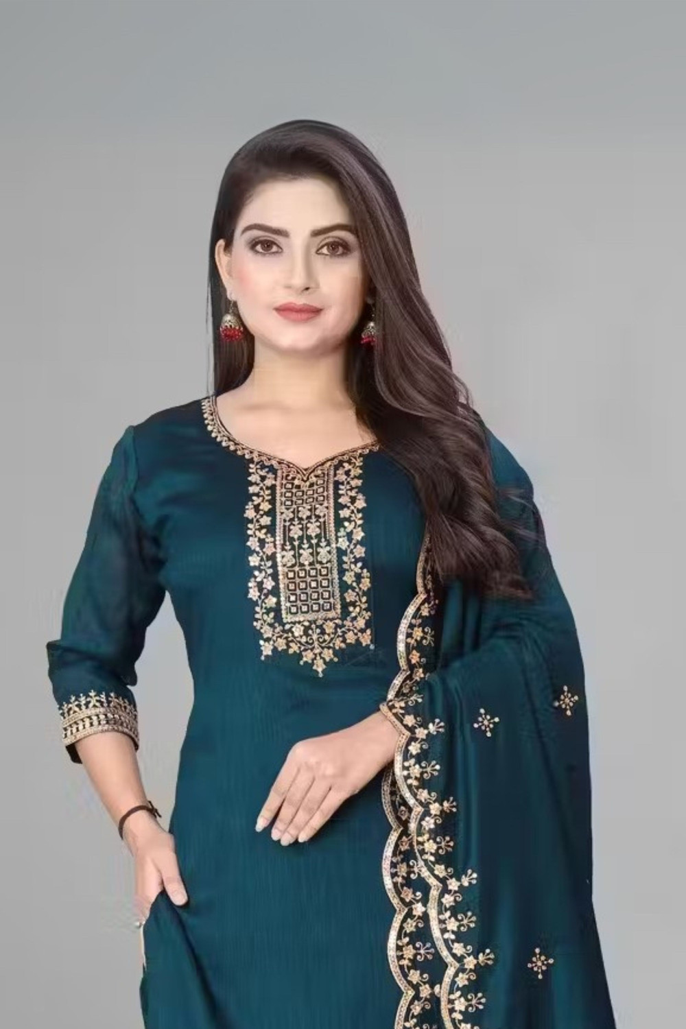 Image of ANERITEXARC Embroidered Kurta, Trouser /Pant & Dupatta Set