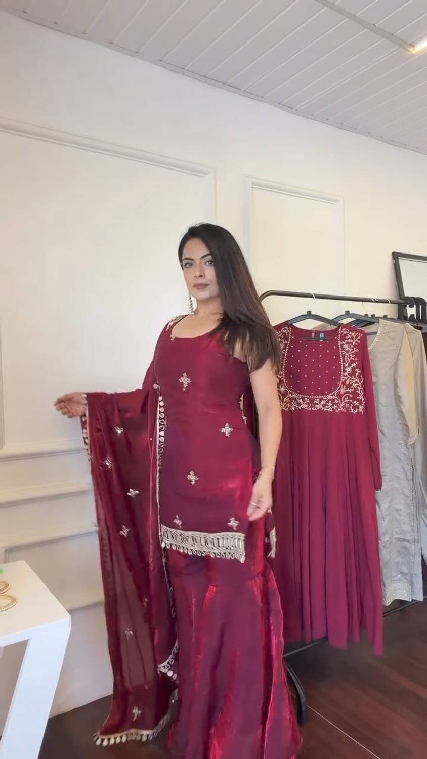 ANGELOUTLETS Embroidered Kurta, Sharara & Dupatta Set