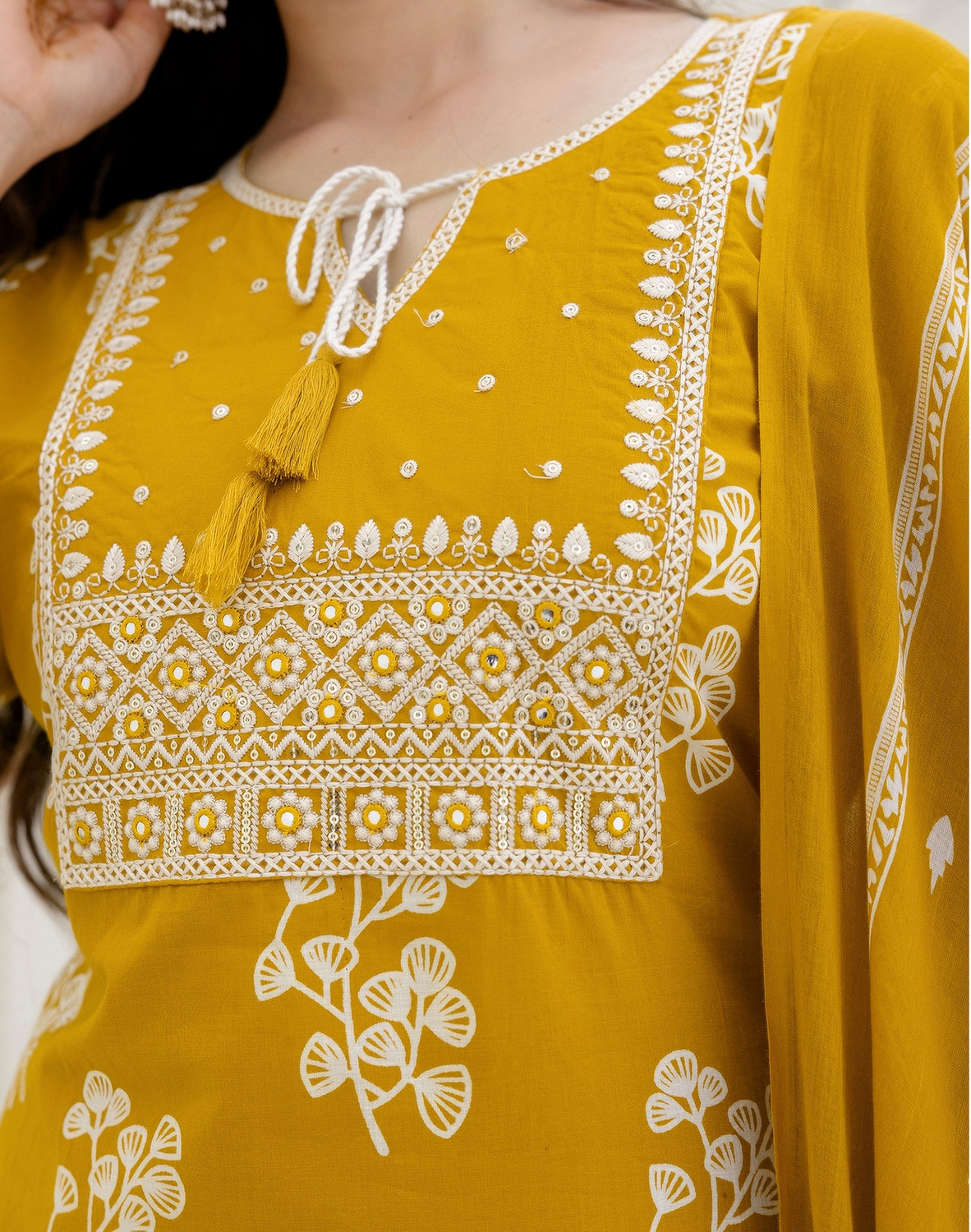 Image of Skylee Embroidered, Embellished Kurta, Trouser /Pant & Dupatta Set
