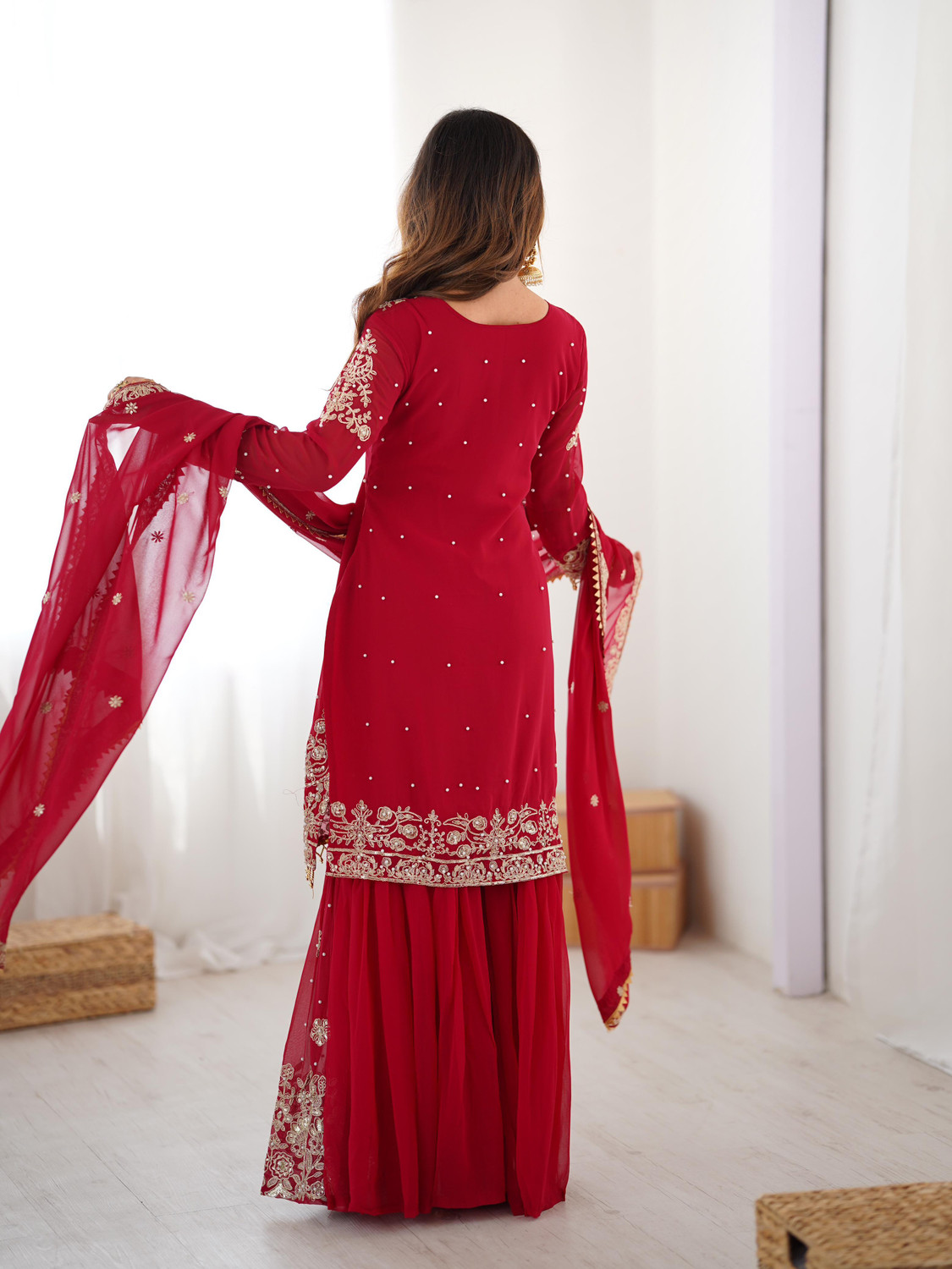 Image of Hevienterprise Embroidered Kurta, Sharara & Dupatta Set