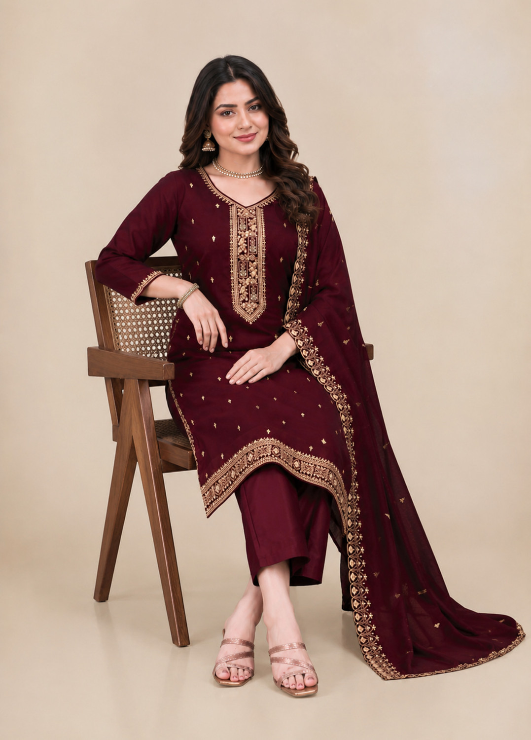 Image of DHARMA ENTERPRISE Embroidered Kurta, Trouser /Pant & Dupatta Set