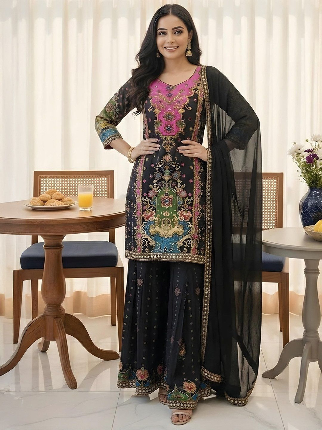 Image of dhvijadressmaker Embroidered Kurta, Sharara & Dupatta Set