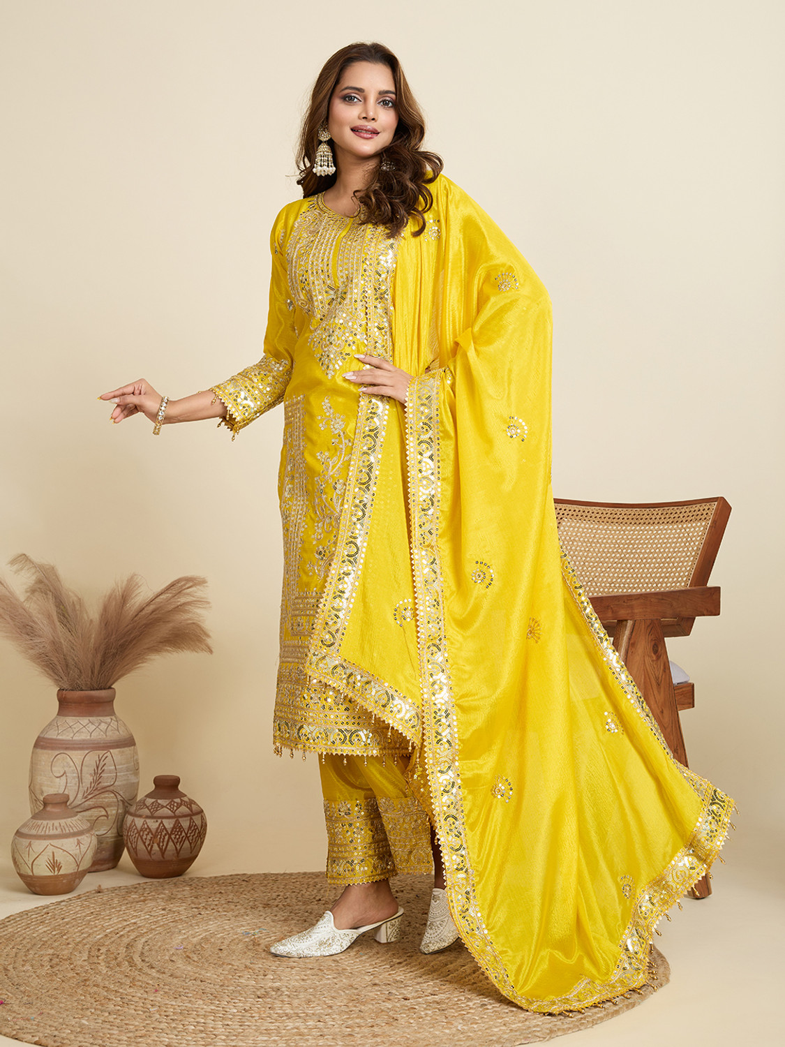 Image of AMALAK Embroidered Kurta, Trouser /Pant & Dupatta Set