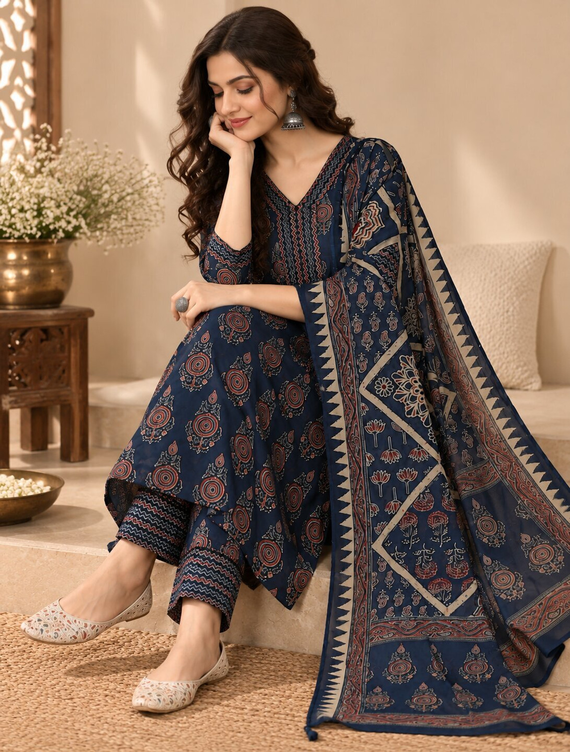 Image of Oumad Printed Kurta, Palazzo & Dupatta Set