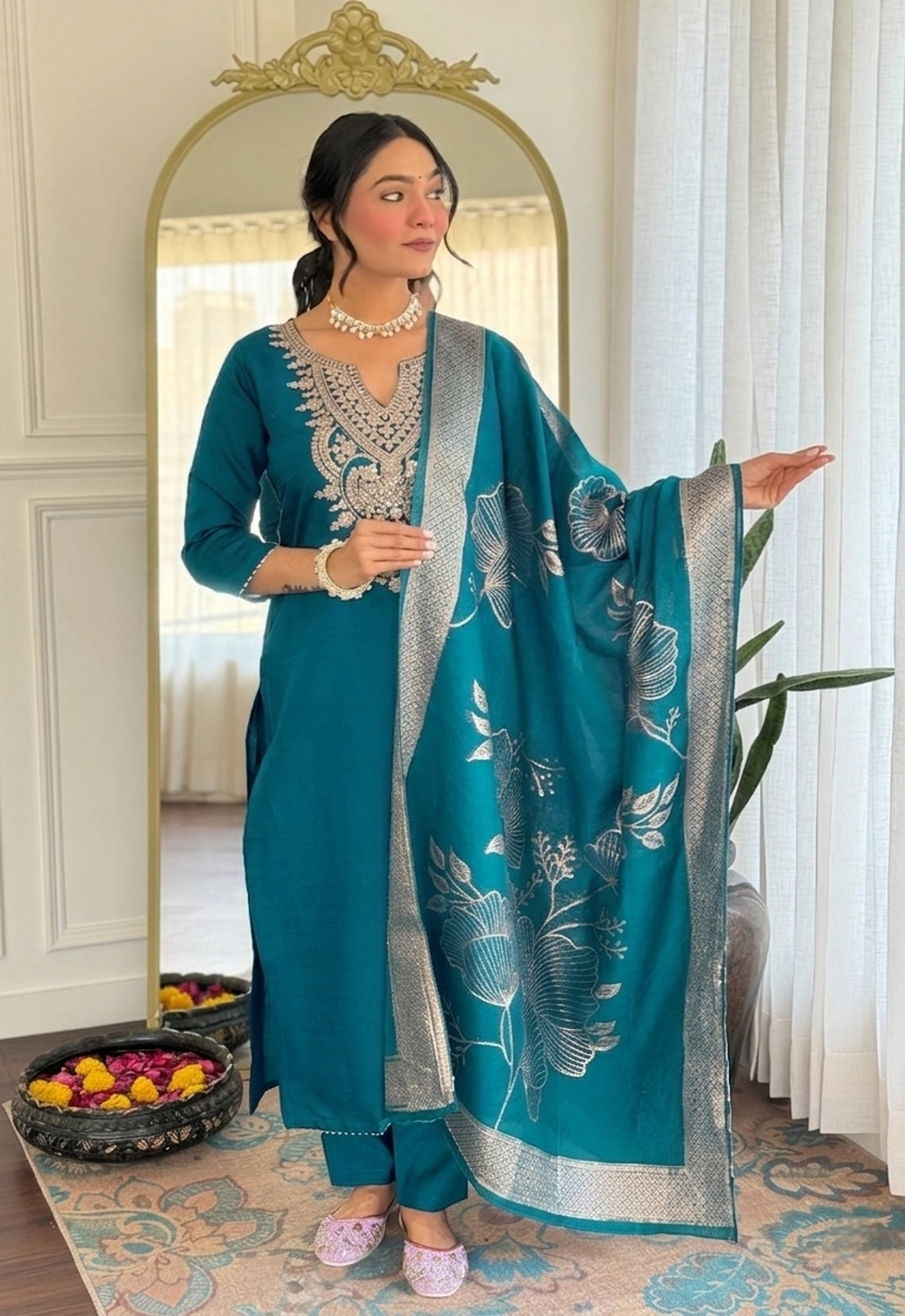 Image of Earthliva Embroidered Kurta, Trouser /Pant & Dupatta Set