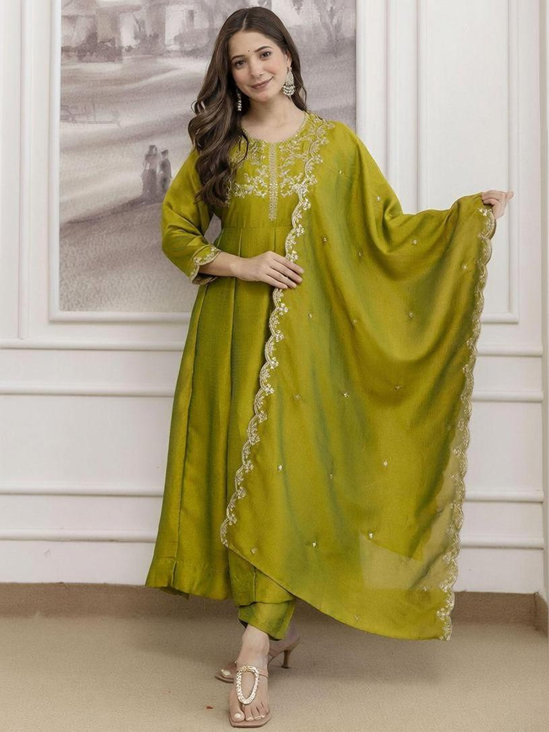 Image of KALKI COLLECTION Embroidered Anarkali Kurta, Bottom & Dupatta Set