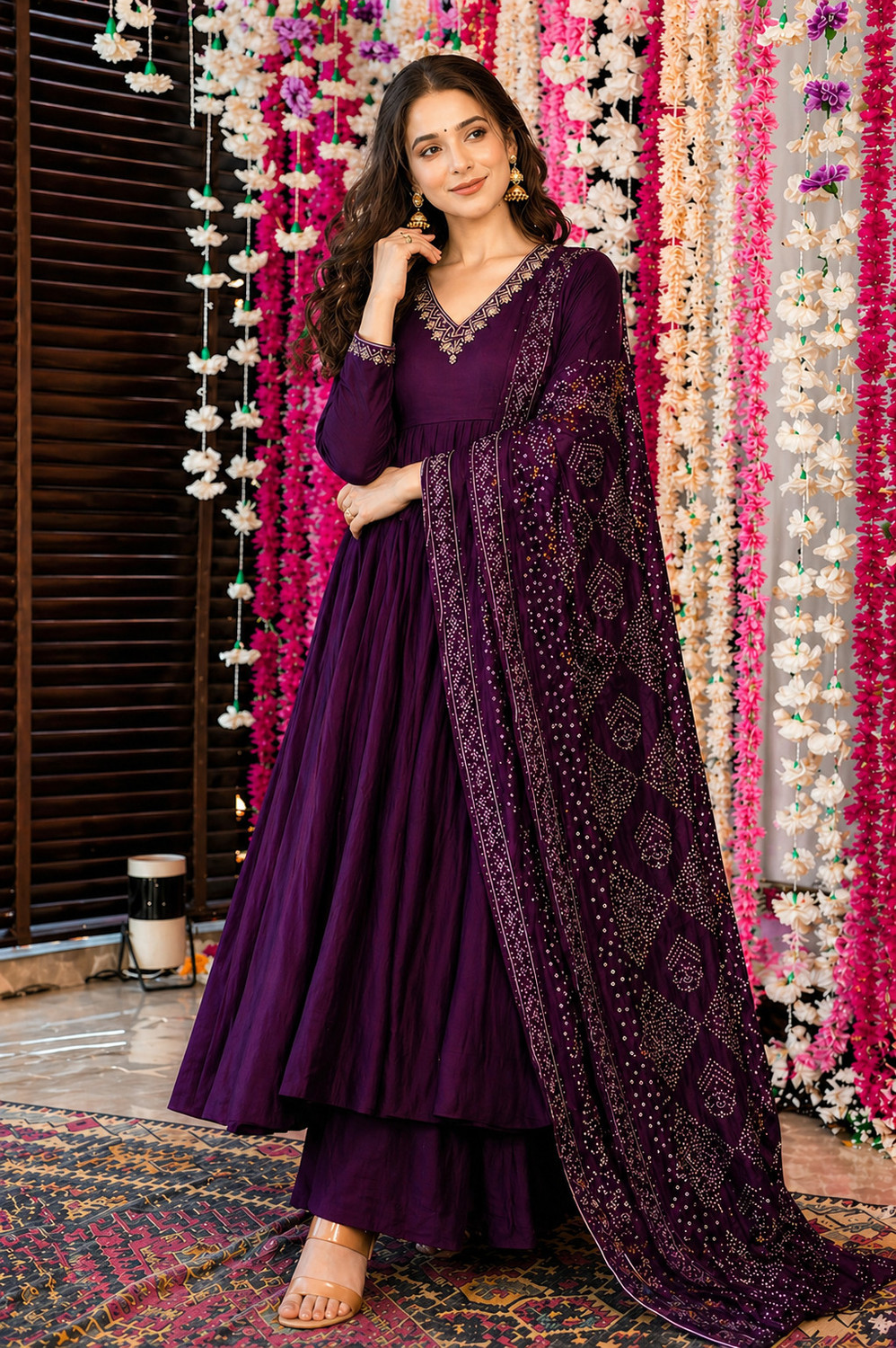 Image of RUTABO Embroidered Anarkali Kurta, Bottom & Dupatta Set