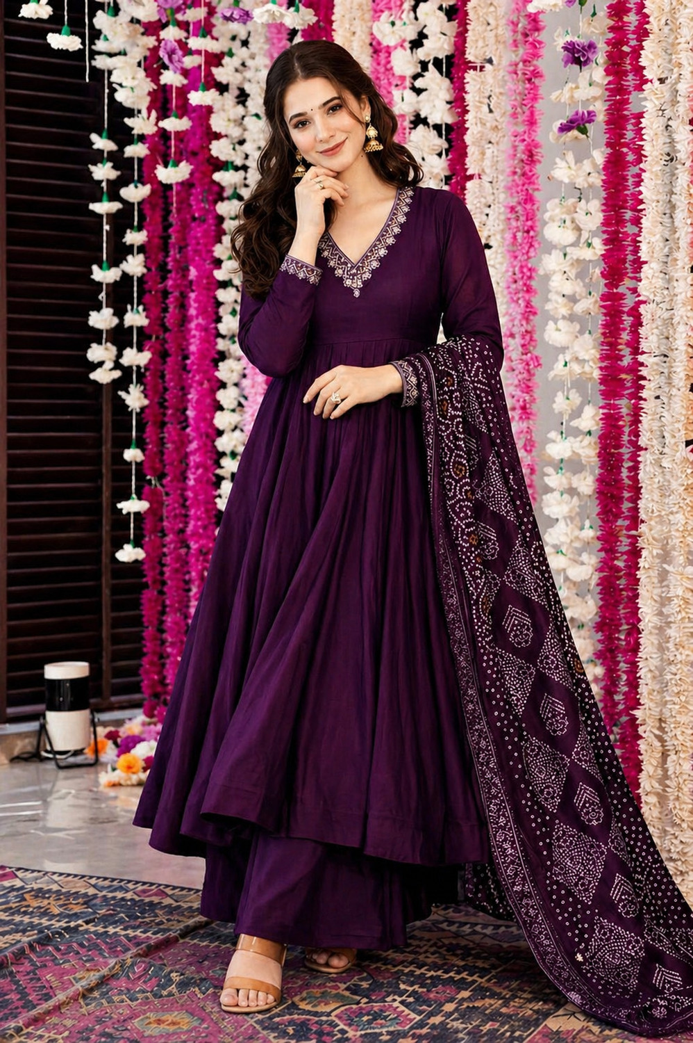 Image of RUTABO Embroidered Anarkali Kurta, Bottom & Dupatta Set