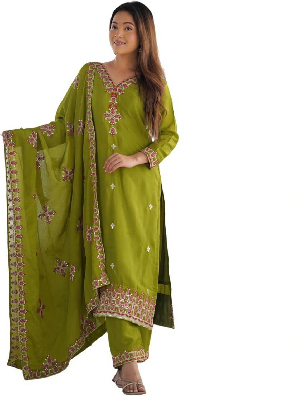 Image of Durga Ecommerce Embroidered Kurta, Palazzo & Dupatta Set