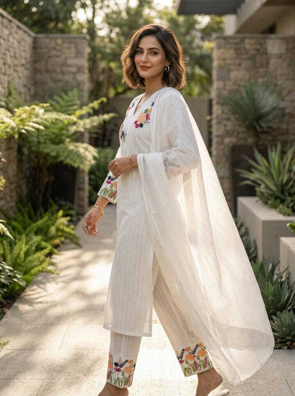 Image of AMBEYMAA PRINTS Embroidered Kurta, Churidar & Dupatta Set