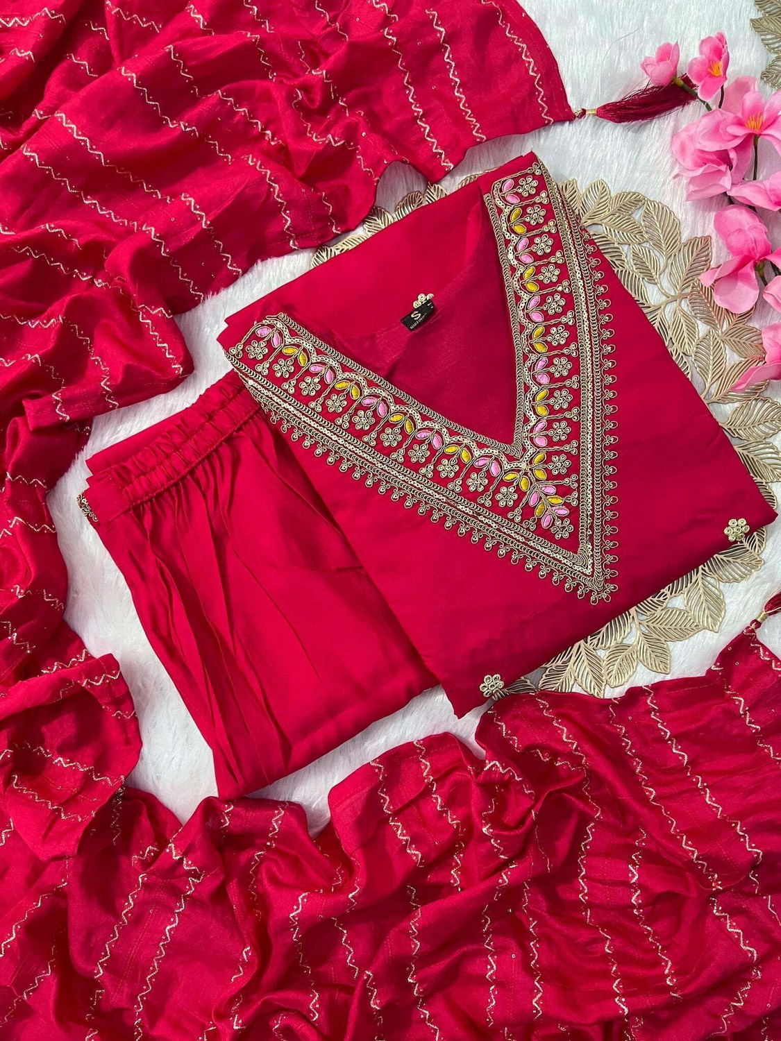 Image of MAA SHANTI ENTERPRISE Embroidered Kurta, Trouser /Pant & Dupatta Set