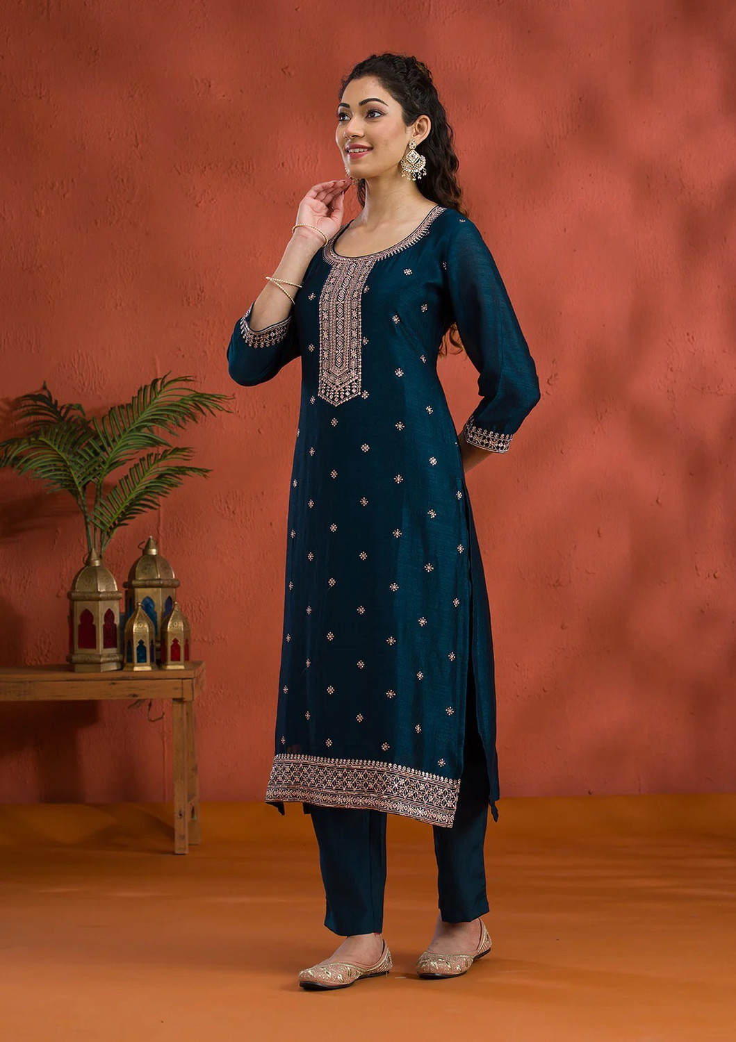 Image of CLAVINET Embroidered Kurta, Trouser /Pant & Dupatta Set
