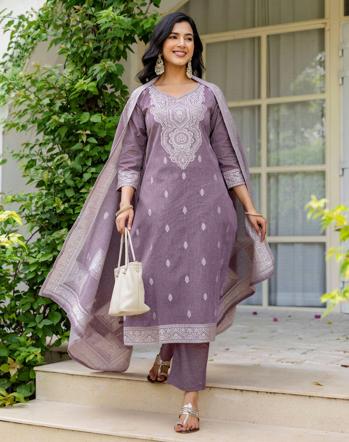 Image of Tasrika Embellished, Woven Kurta, Trouser /Pant & Dupatta Set
