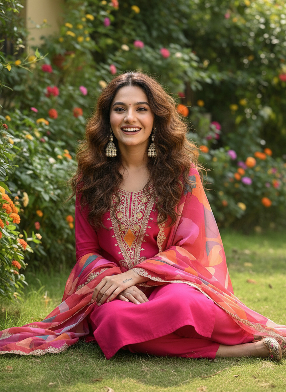 Image of ORRIYA Embroidered Kurta, Trouser /Pant & Dupatta Set