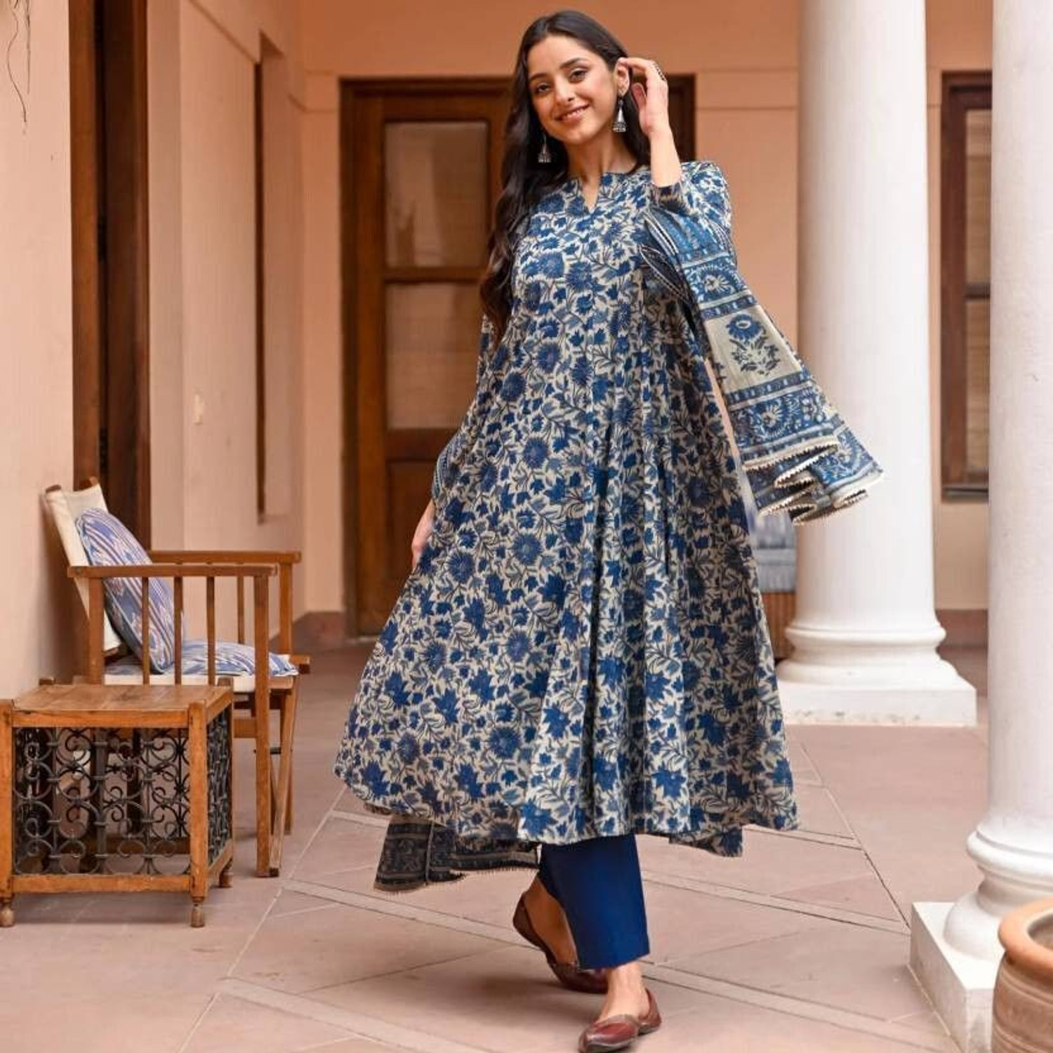Image of BHADRIYAA Printed Anarkali Kurta, Bottom & Dupatta Set