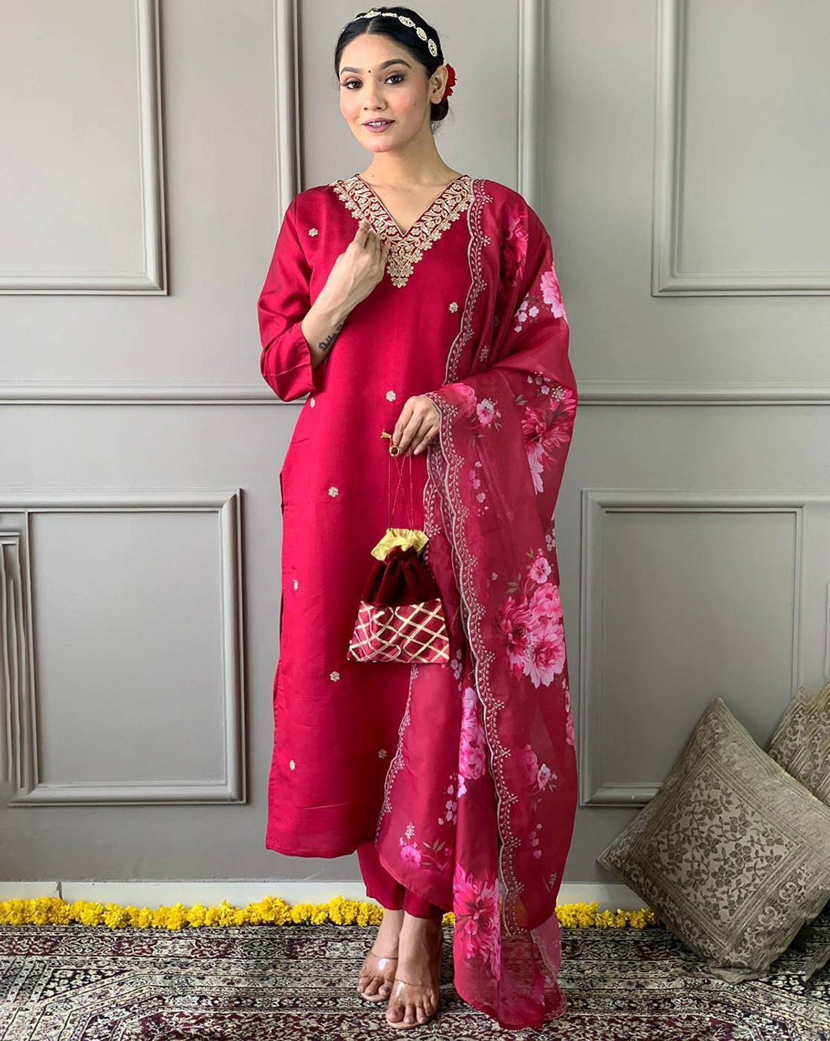 Image of C4A Embroidered Kurta, Trouser /Pant & Dupatta Set