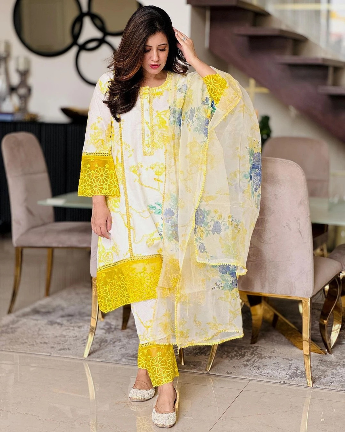 Image of Royal Export Embroidered, Floral Print Kurta, Trouser /Pant & Dupatta Set